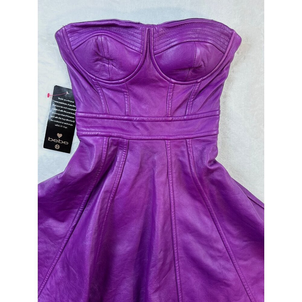 Bebe Purple Faux Leather Strapless High Low Dress Womens XXS NWT Y2K - Picture 2 of 15